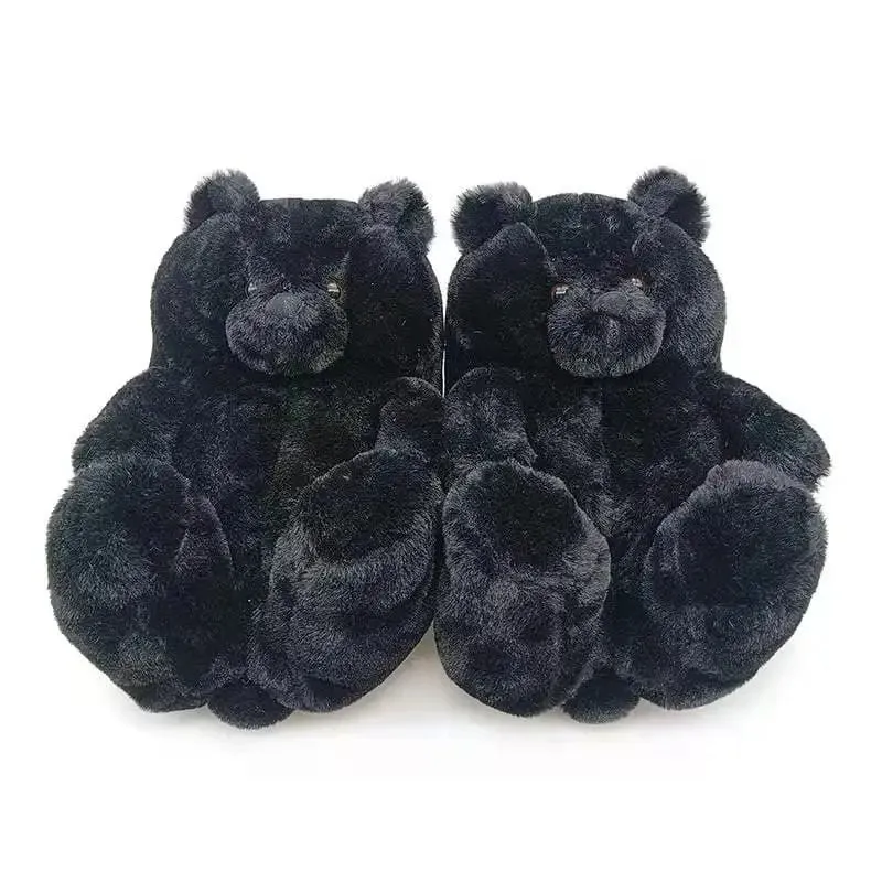 Winter Warm Teddy Bear Slippers For Kids - Brown - Black