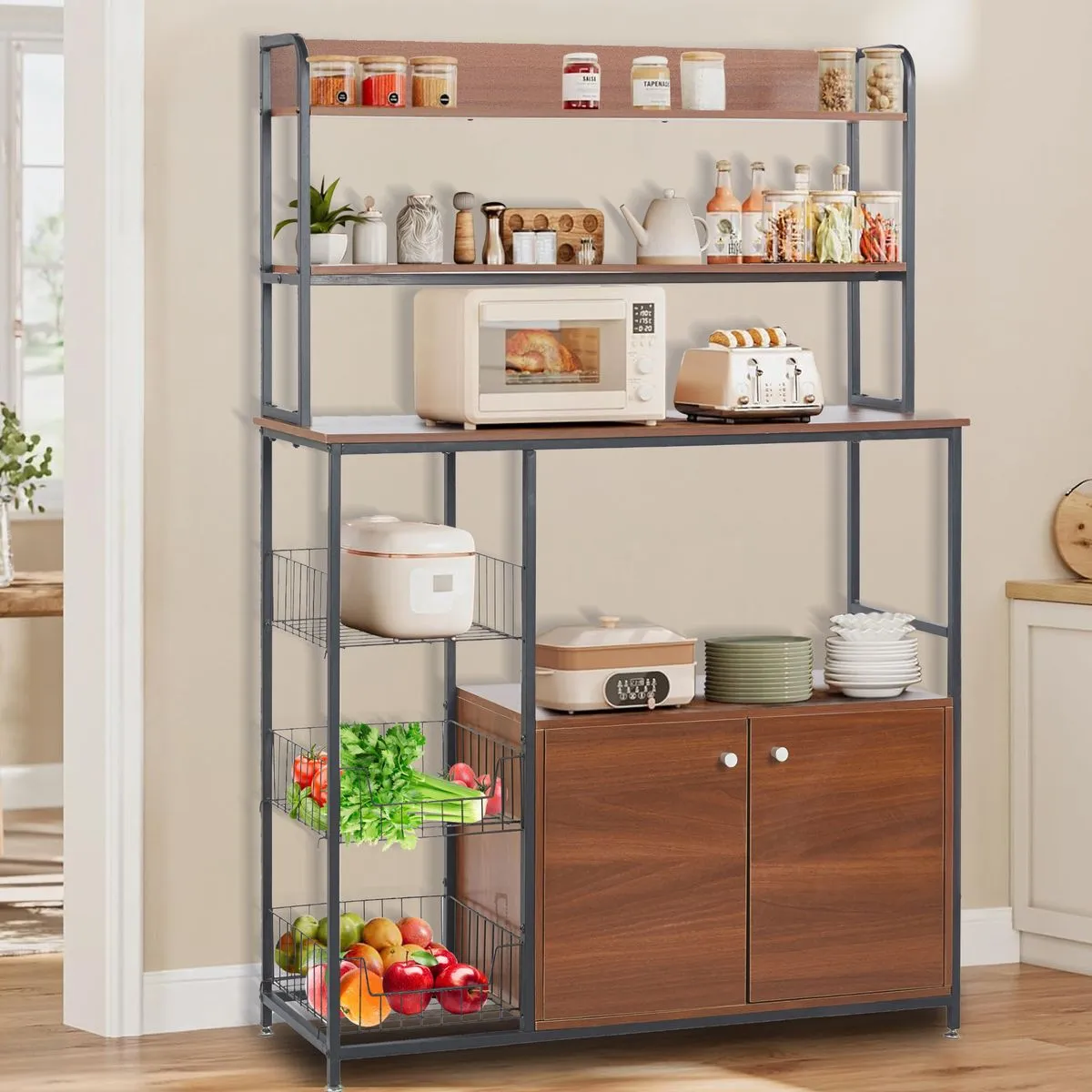Storage Shelf Bookcase Wooden Kitchen Rack Display Stand with Cabinets