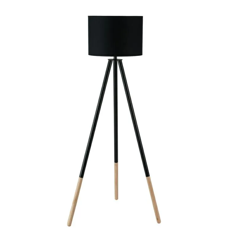 Floor Lamp - Wooden Tripod White Fabric Shade - Black