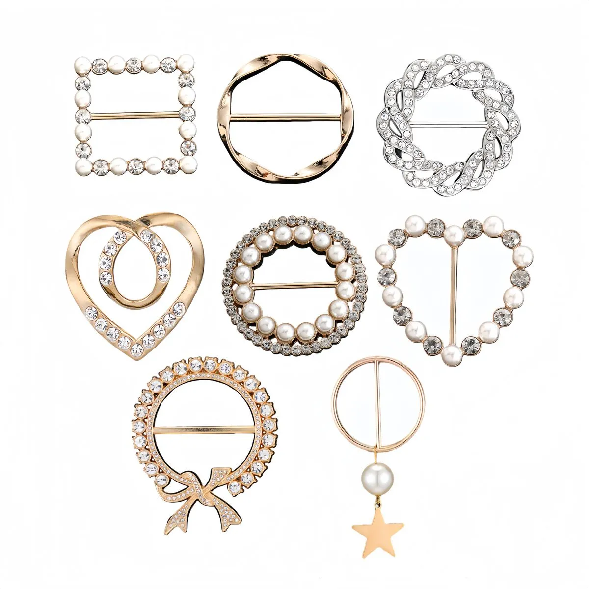 8-Piece Rhinestone Scarf Ring Buckle Set-Metal Scarf Clips for Silk Scarves