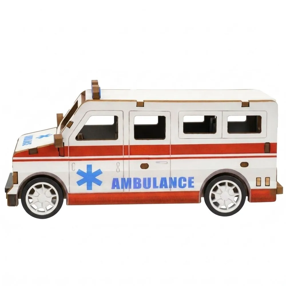 3D Wooden Vehicle Puzzle Model Kit - DIY Educational Toy - 16cm - Ambulance