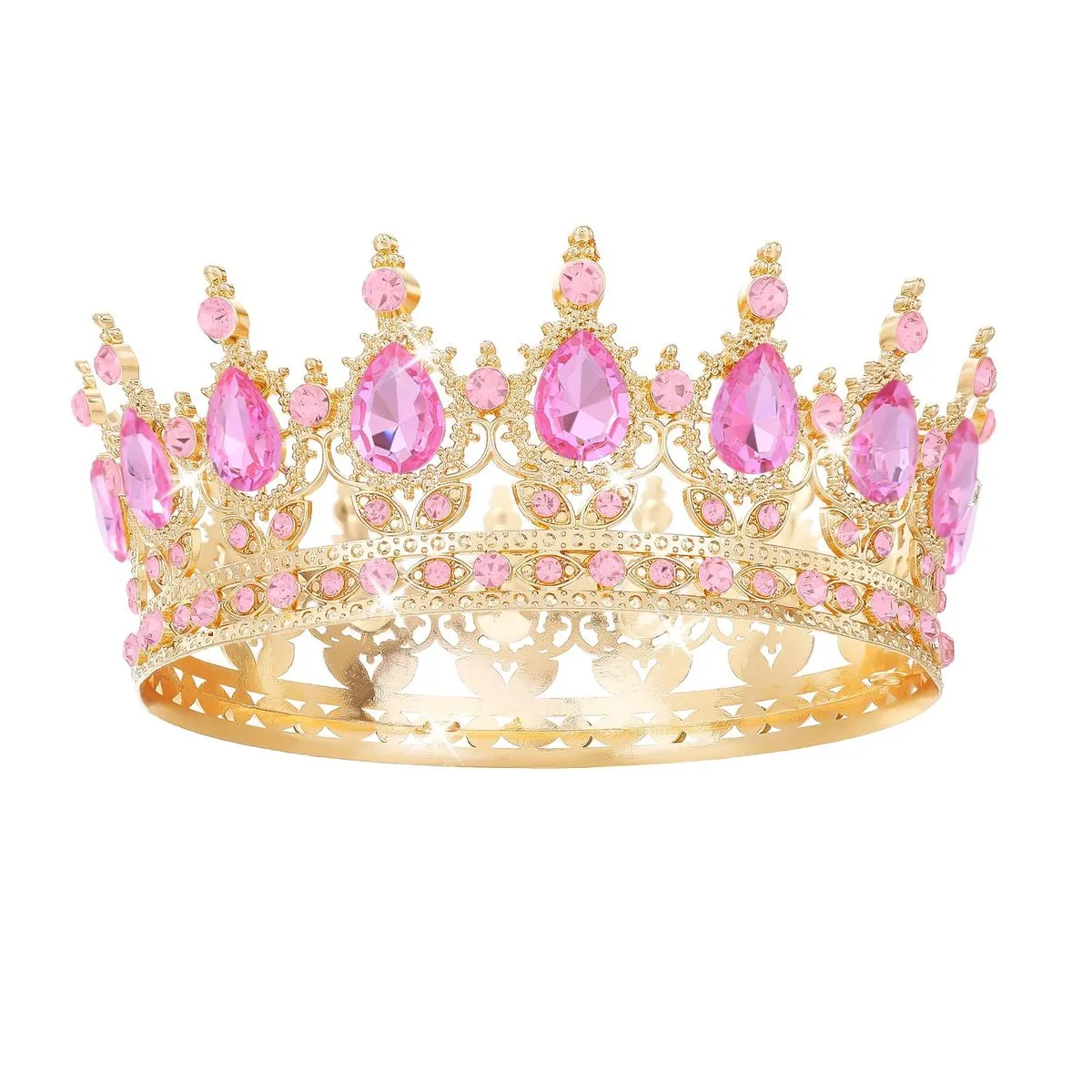 Crystal Queen Crown for Bride Wedding Party Hair Accessories - All Pink-Gold