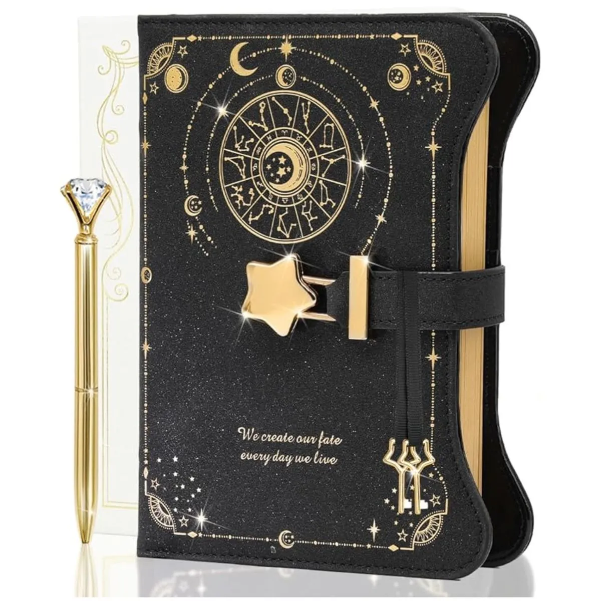 Starlit Secrets Diary Lock & Keys Refillable B6 Journal Book with Gold Pen - Black