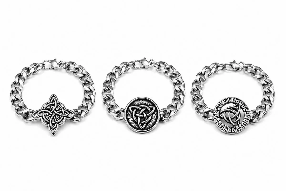 Men Celtic Stainless Steel Cuban Bracelet Set Punk Wrist Accessory 3Pcs - 3-Pack Celtic Bracelets S…
