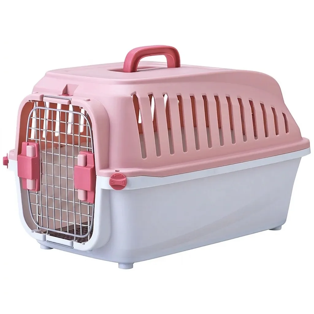 Large Pink Pet Carrier Cage 60x38x36.5cm | Double Door Lock | Travel