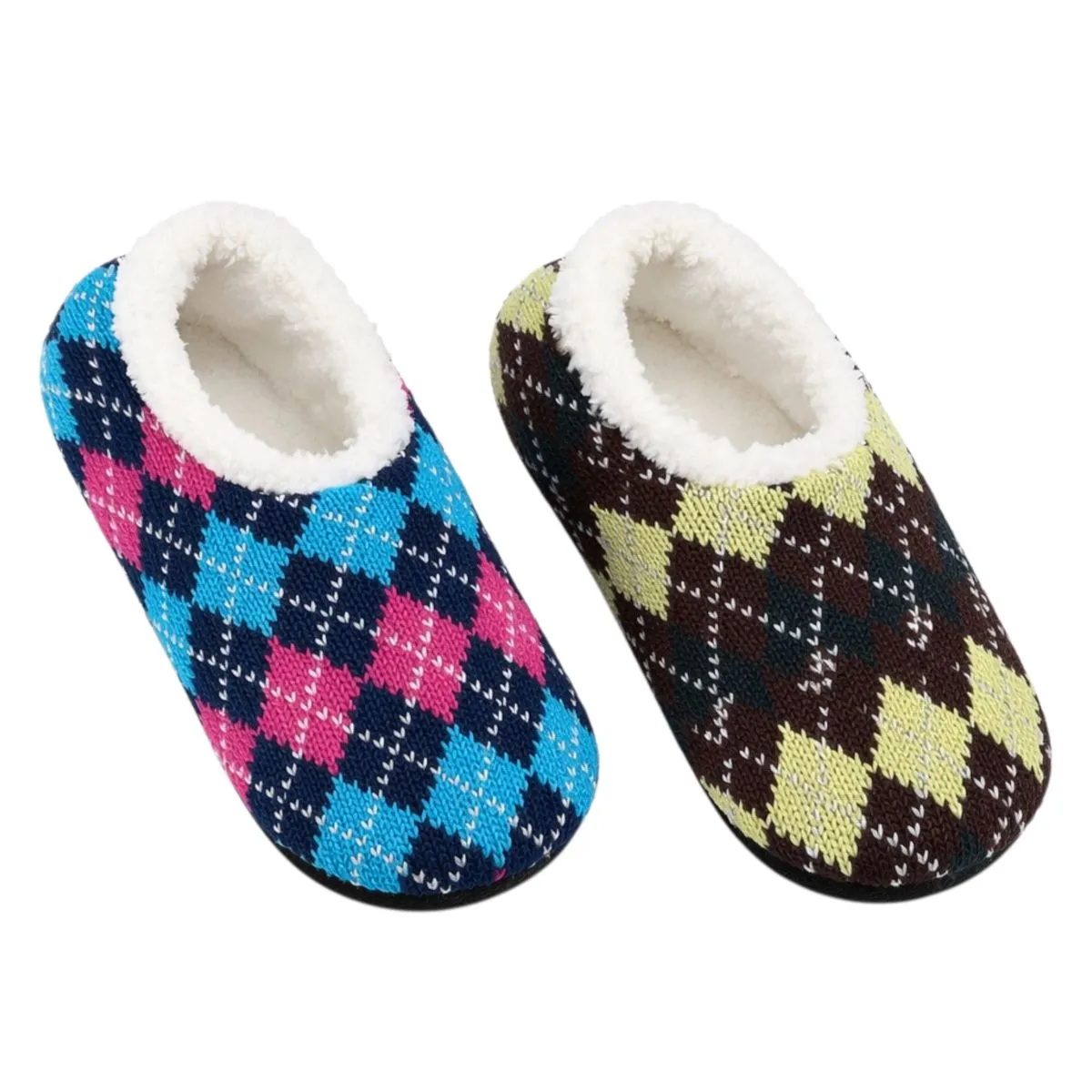 4 Pack Winter Knitted Ladies Fleece Lined Slippers Sock NonSkid Sole UK 3-6 - Brown, Blue