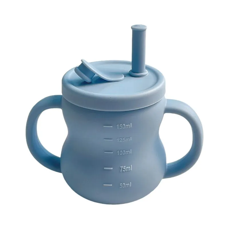 Dual Handle Silicone Baby Sippy Cup Anti Choke Cross Cut Straw Learning Mug - Blue
