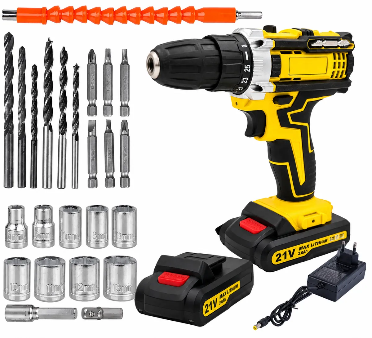 Cordless Hammer Drill Set with 2 Batteries, Case & Accessories-Yellow,
