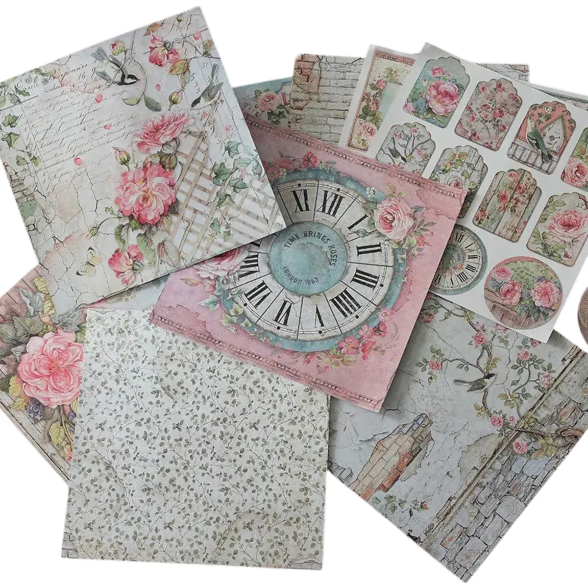 Vintage Floral Clock Scrapbook Paper Pack