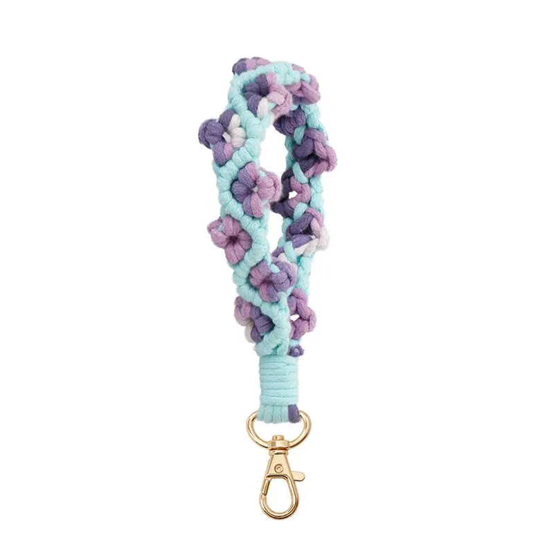 Colorful Gradient Color Flower Braided Cotton Rope Keychain Handbag Charms - Blue