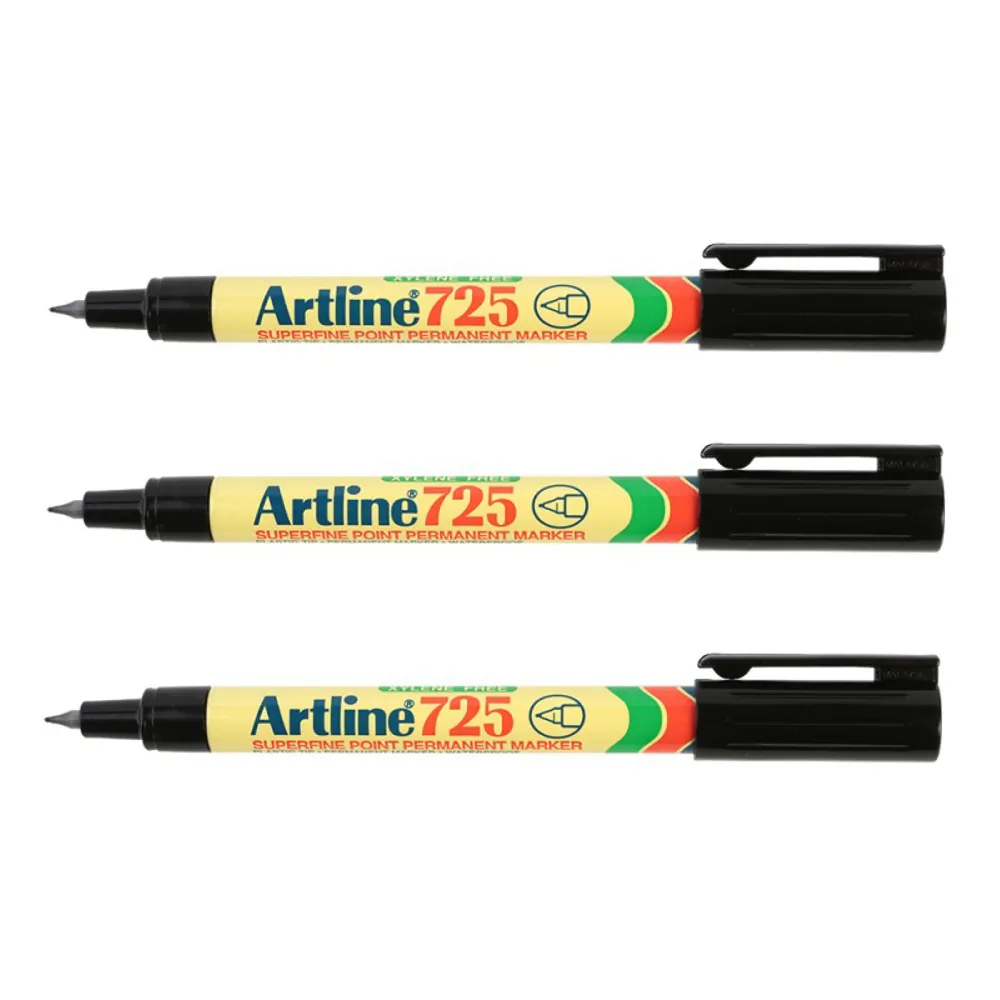 Artline EK725 Permanent Marker Pocket Clip Fine Black - Pack of 3