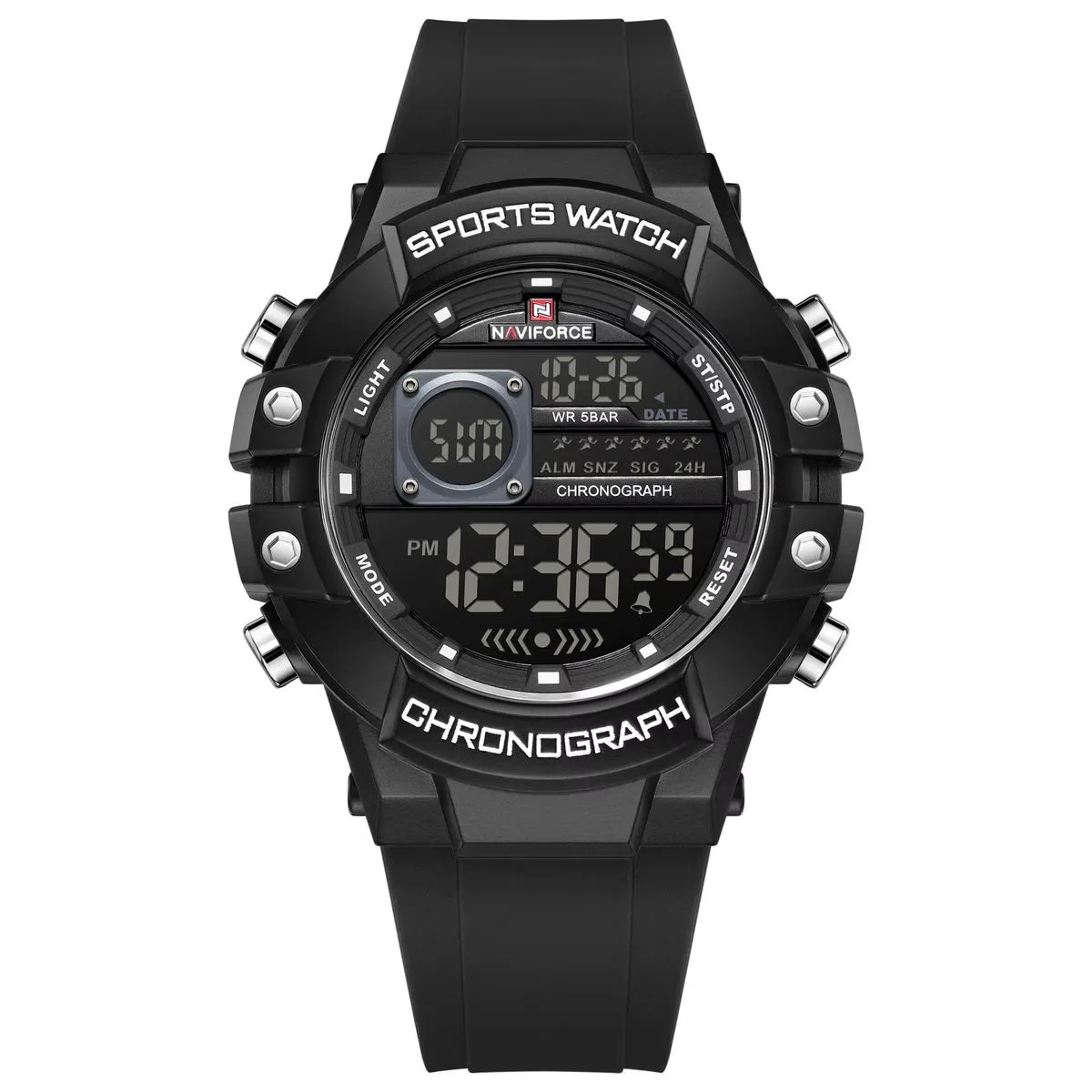 Naviforce Men's Throttle LCD Chronograph Rubber Strap Digital Watch Black