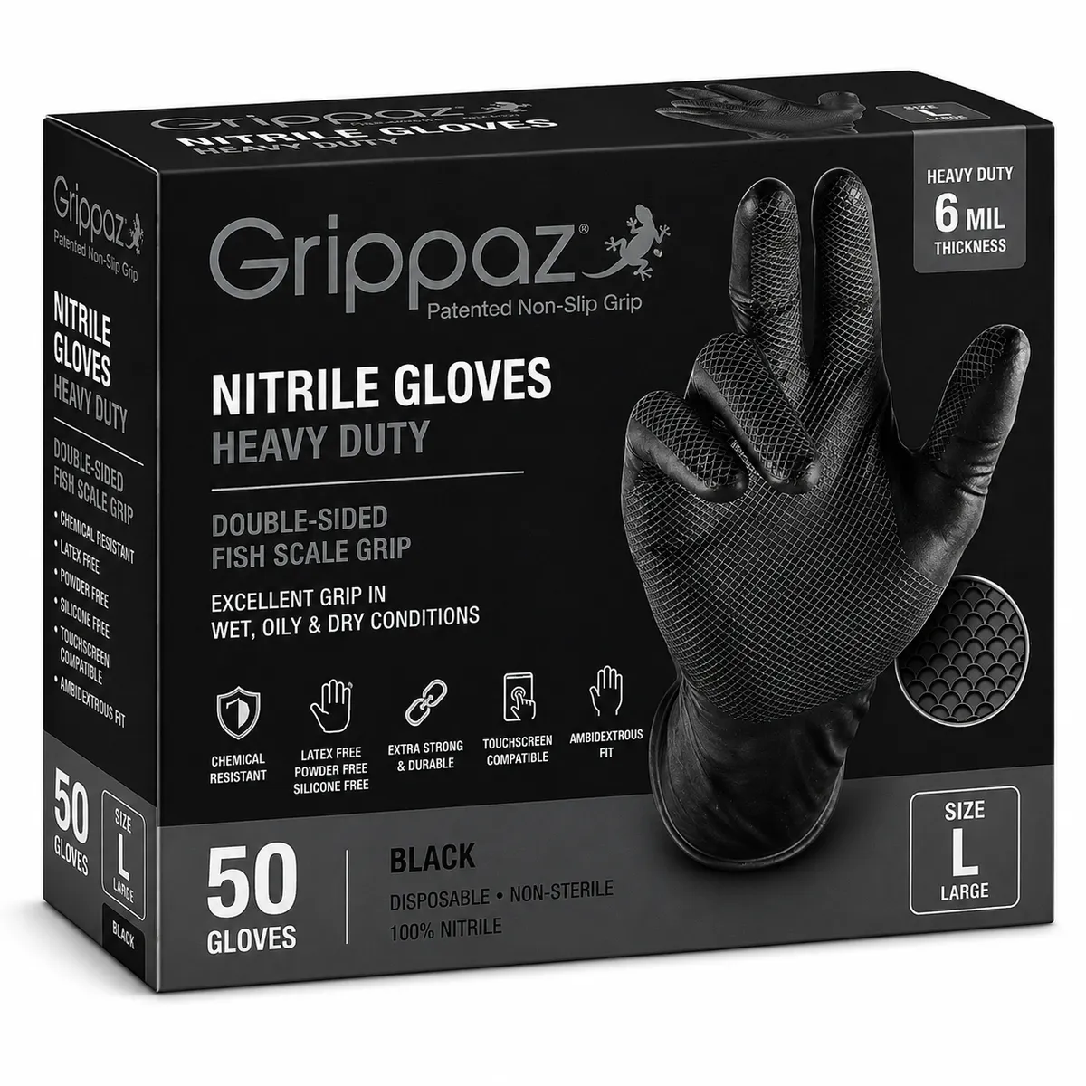 Grippaz Heavy-Duty Black Nitrile Gloves Large 50 Pack