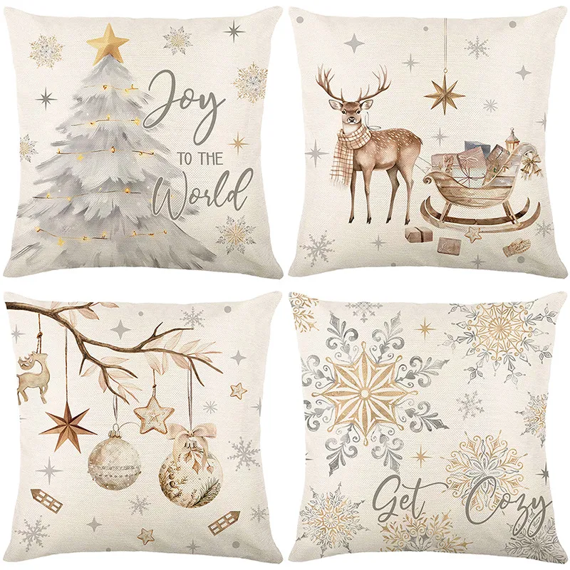 4 Pack Christmas Throw Pillow Covers, 45×45cm, Linen-Like, Neutral Winter
