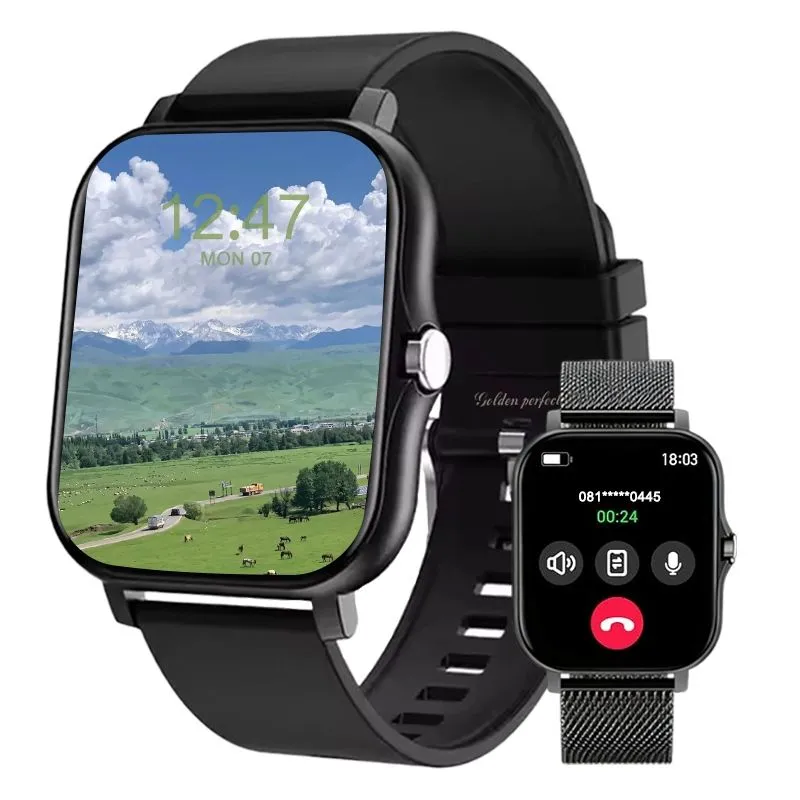 Men's Black Dual Strap Smartwatch 1.83" HD Square Bluetooth Calling Watch