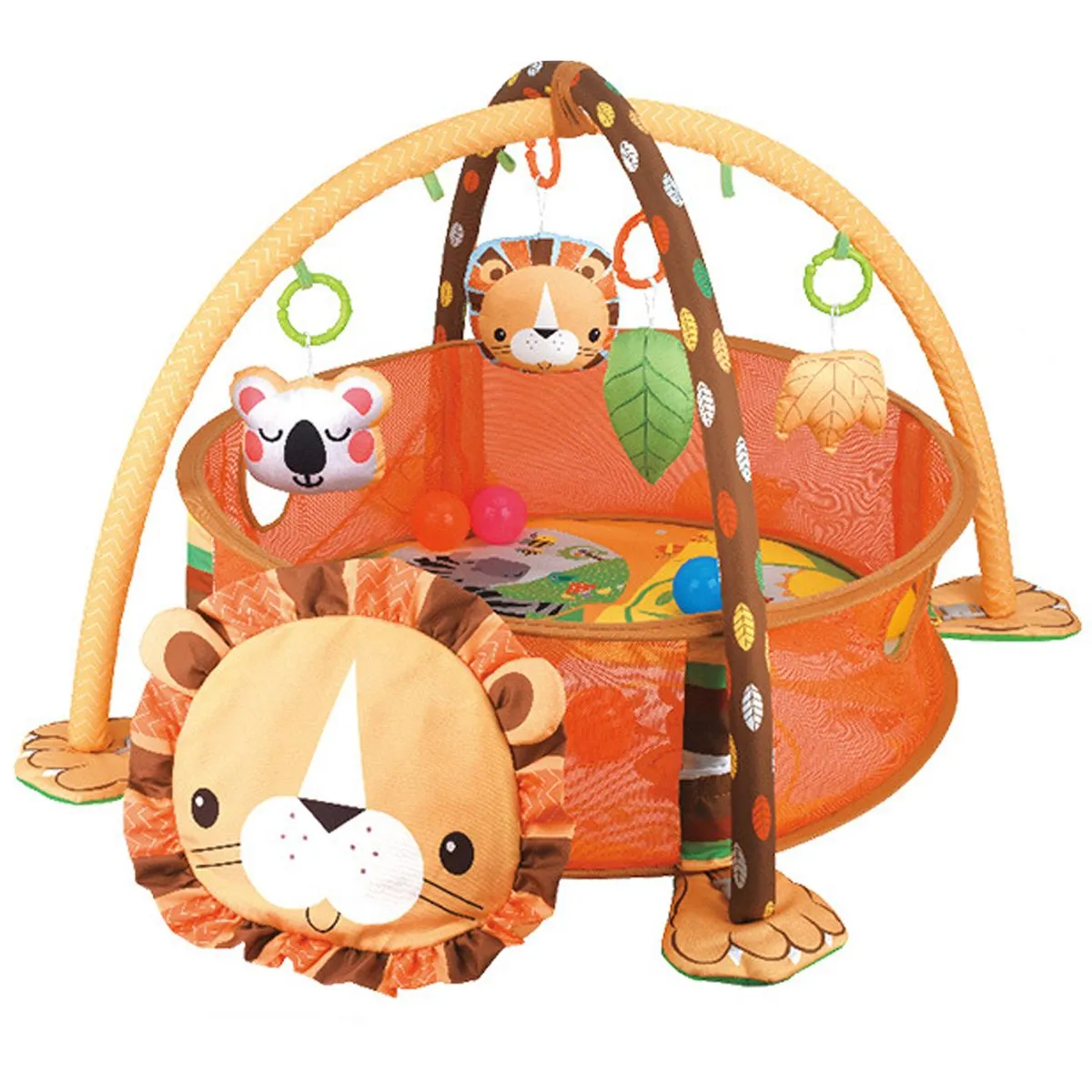 5-in-1 Baby Play Mat Tummy Time Mat Baby Gym with 30 Balls and 4 Soft Toys - lion