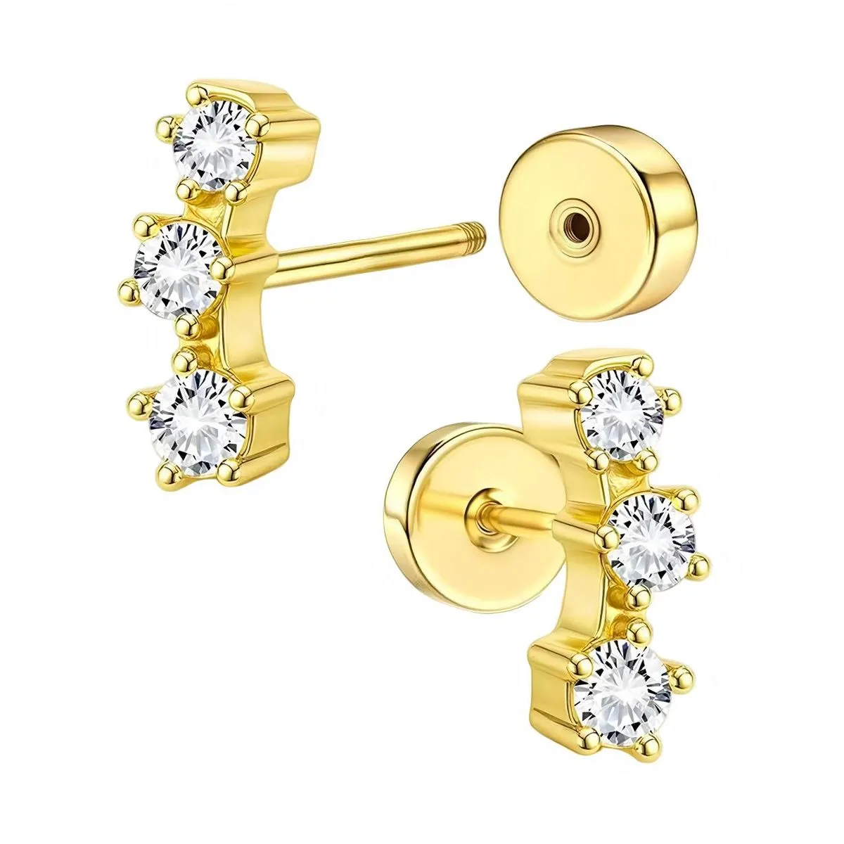 BEIMU 3-Stone CZ Hypoallergenic Stainless Steel Stud Earrings - Gold
