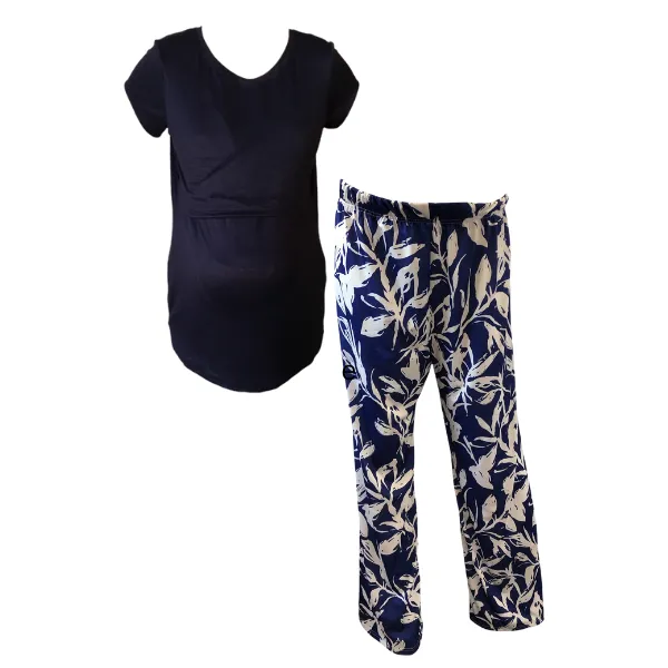 Maternity & Nursing - T-shirt and Wide leg pants Blue/White Leaves