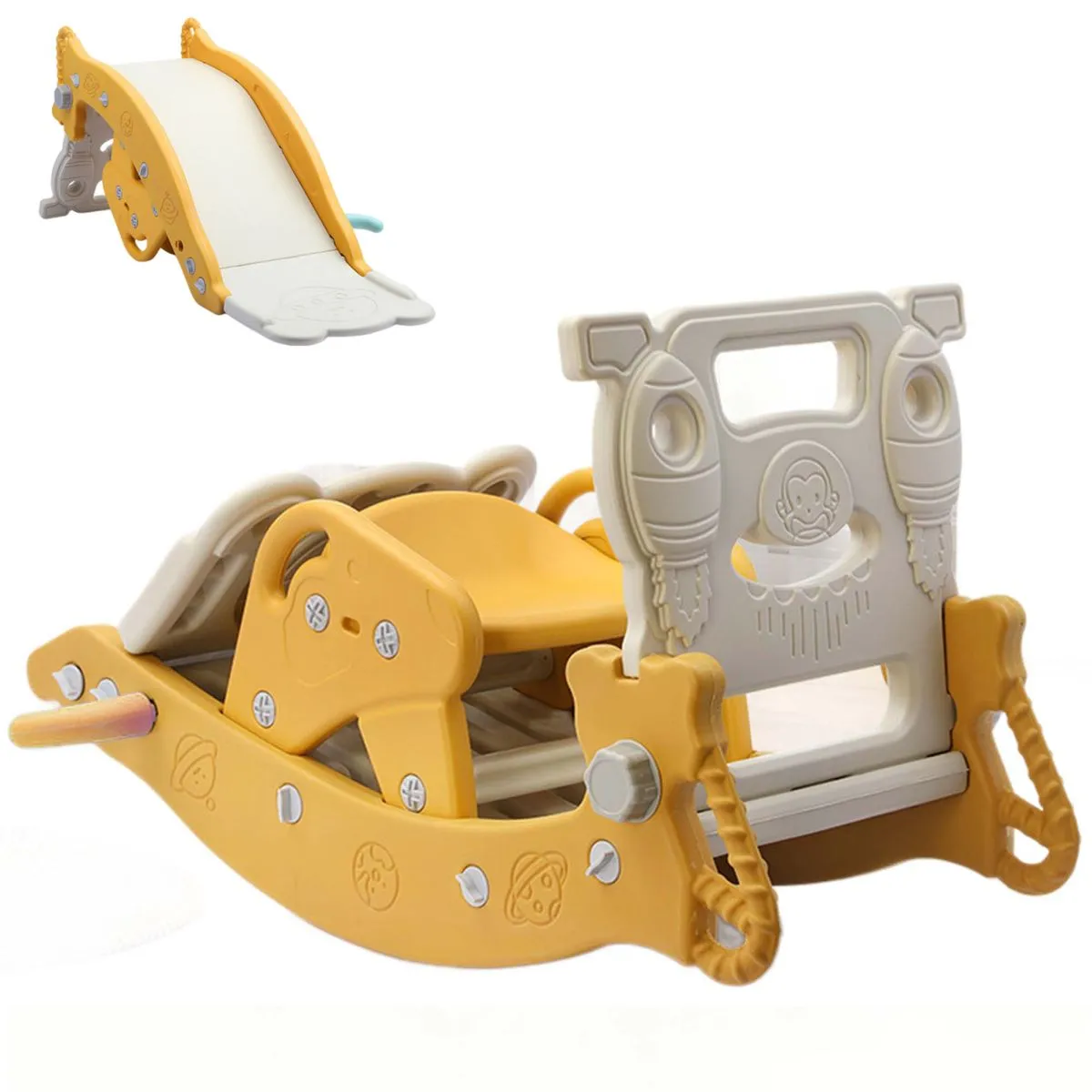 4 in 1 Toddler Slide Rocking Toy, Slide for Kids with Basketball Hoop - Yellow