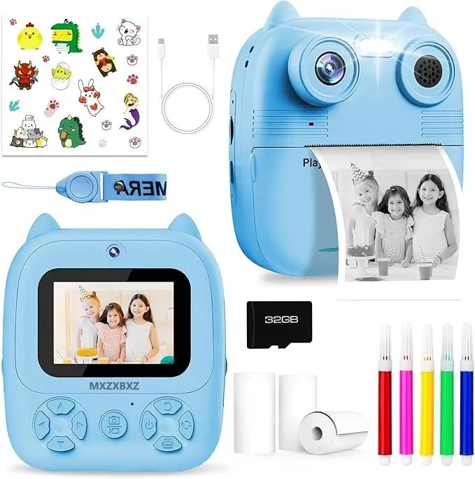 MXZXBXZ Kids Instant Print Camera with Memory Card 3Rolls of Printing Paper - Blue