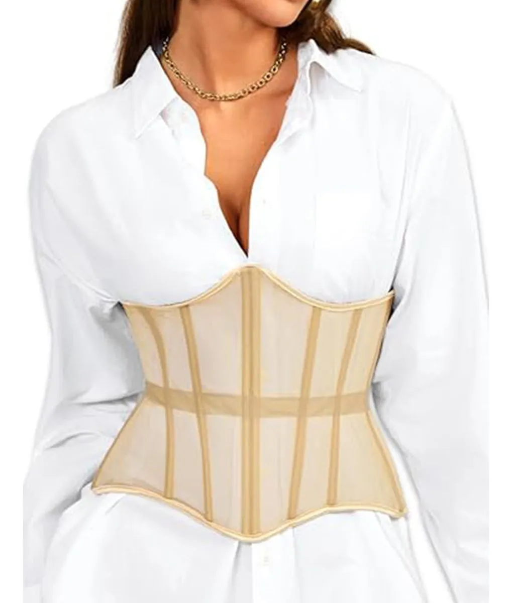 Women's Corset-Style Waist Belt, Mesh Tie-up Steel Boning Belt-Apricot