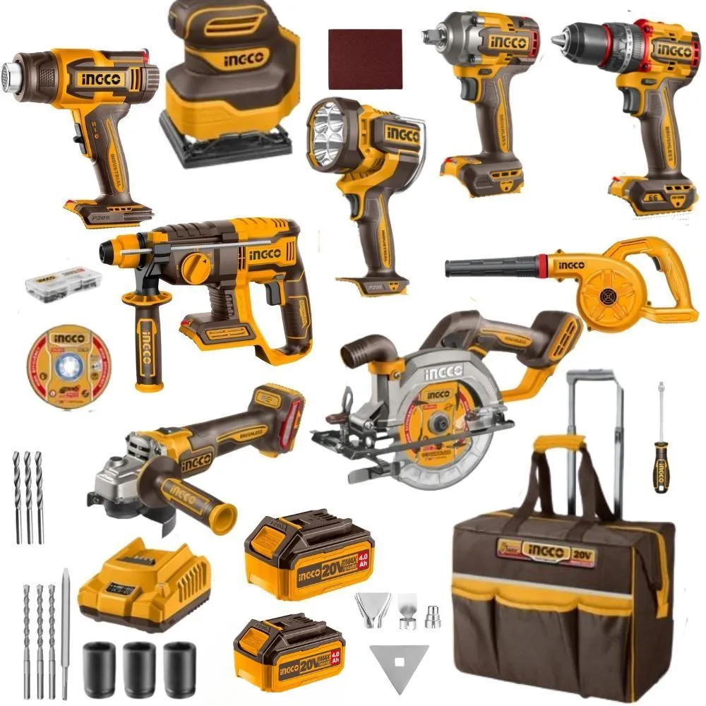 Ingco - Cordless 9 Piece Powertool Combo Kit - Batteries & Charger