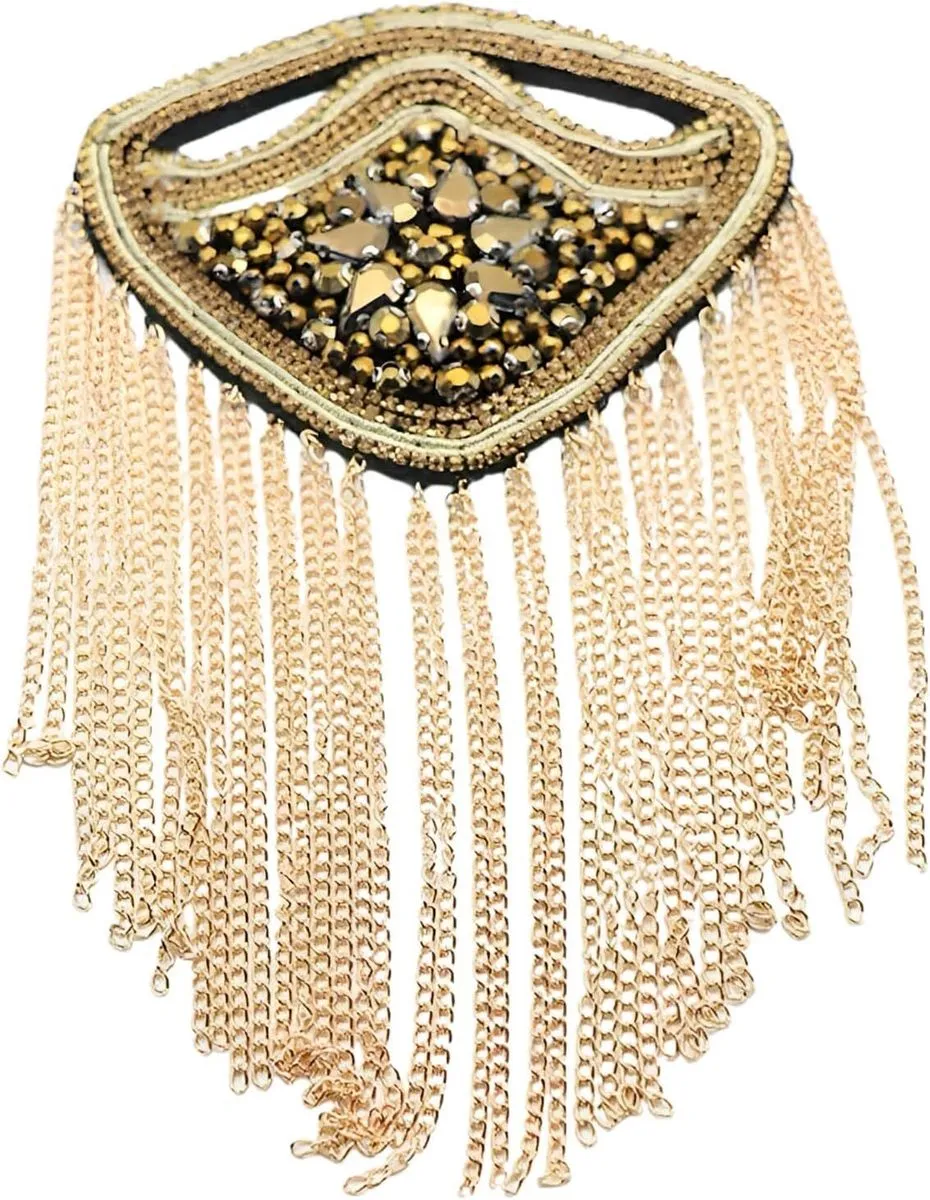 Epaulette with Fringe Tassel, Beaded Rhinestone Shoulder Jewelry Gold