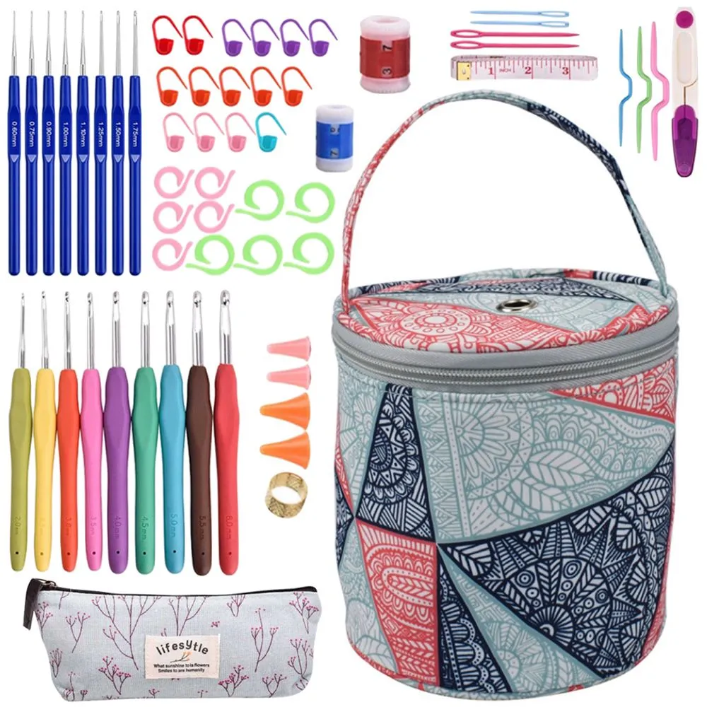 Craft Yarn Storage Bag With 59pcs Needlework Crochet Hook Kit Pro - Blue
