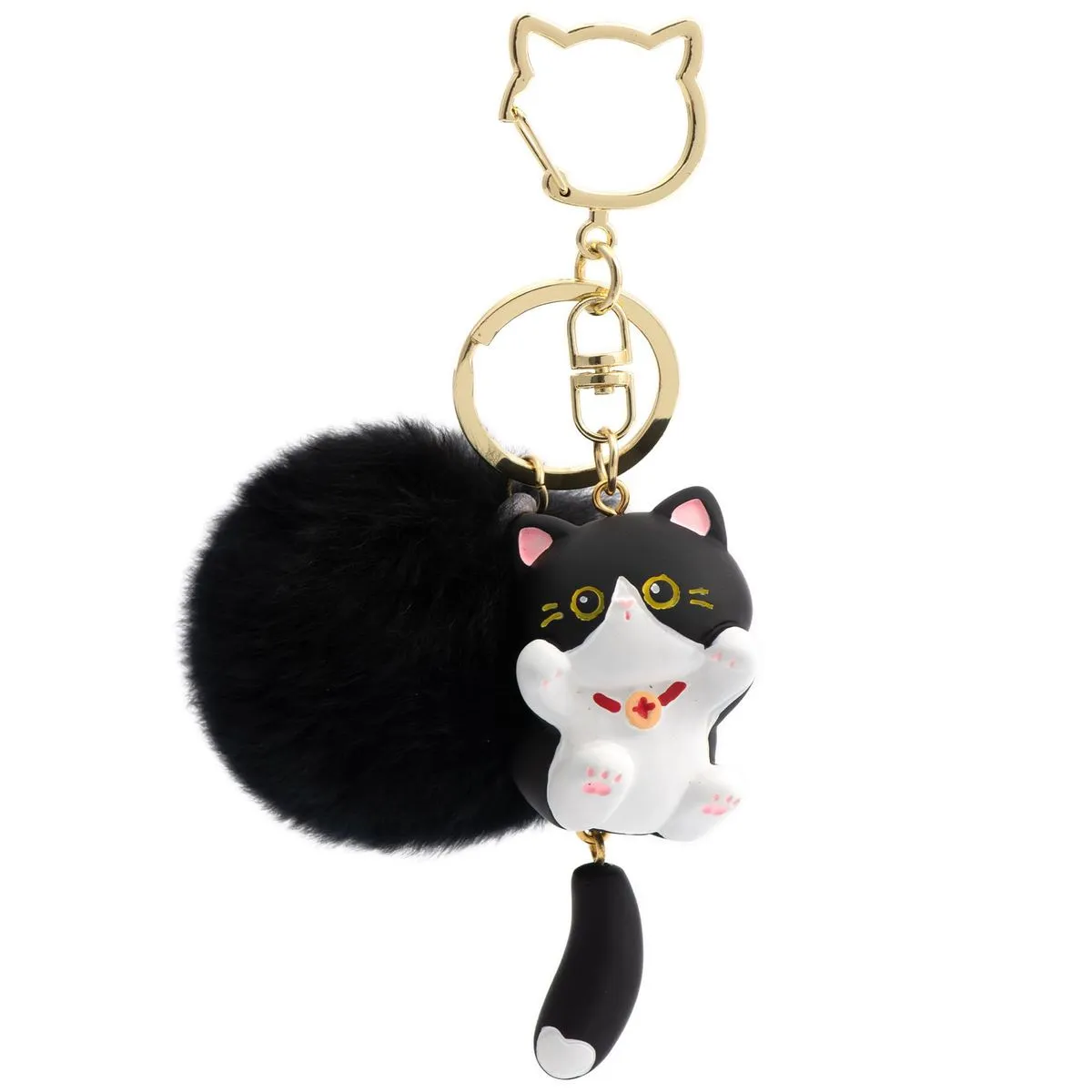 Cute Cat Keychain with Fluffy Pom Pom, Cute Bag Charm for Girls Women - Black
