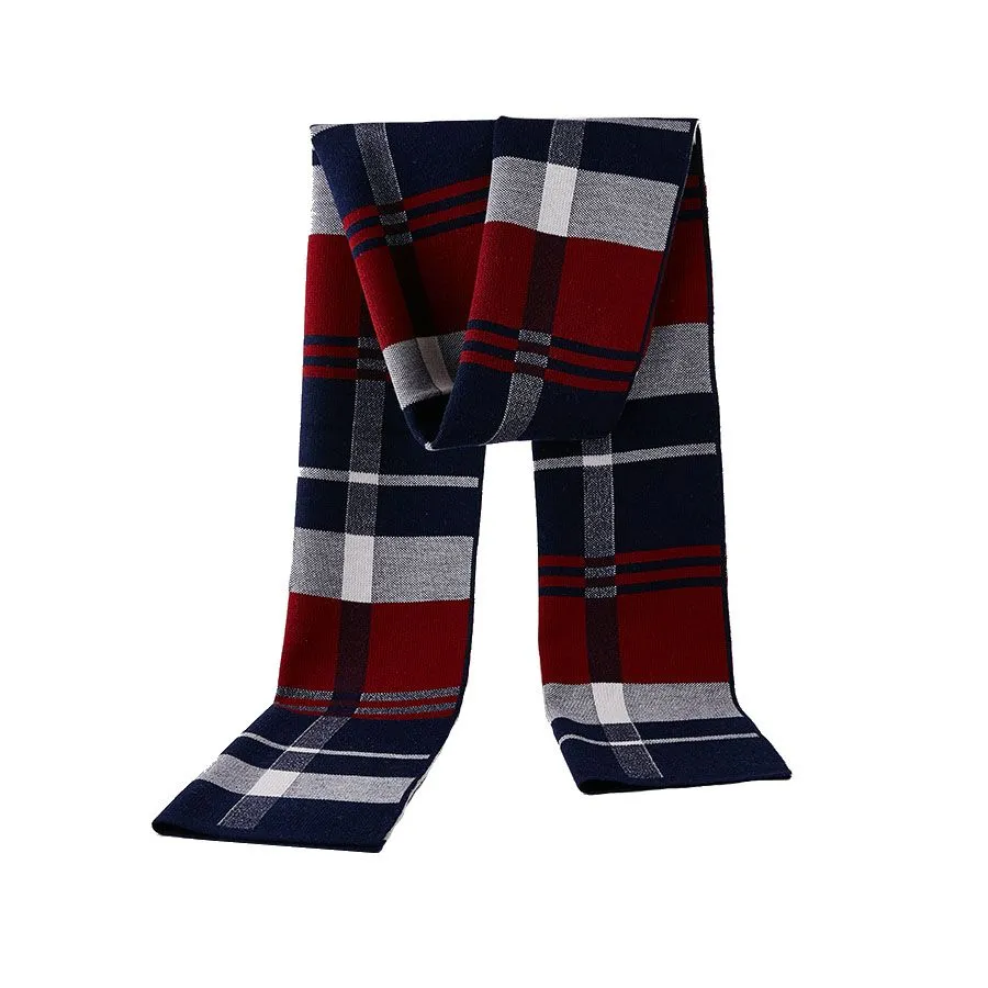 Men's Wine Red Knitted Check Scarf - Autumn and Winter New Fashion Casual