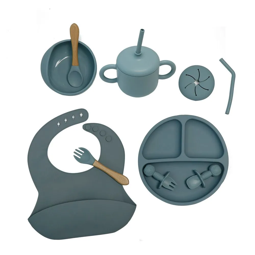 Ten Piece Silicone Baby Feeding Set Suction Plate Bib Cup Cutlery Pack - Blue