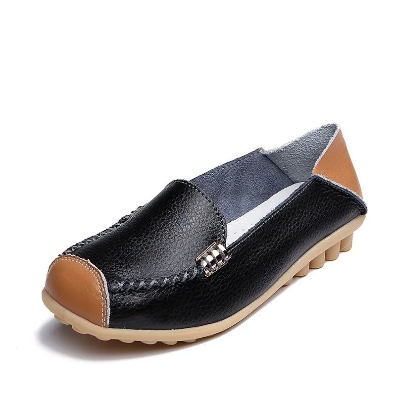 Women's Two-Tone Genuine Leather Loafers - Slip-On Flat