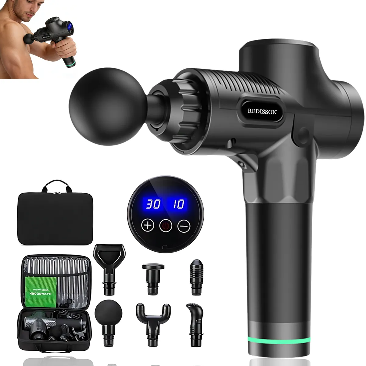 REDISSON 30 Speed Levels Deep Tissue Muscle Massage Gun with 6 Heads - Black