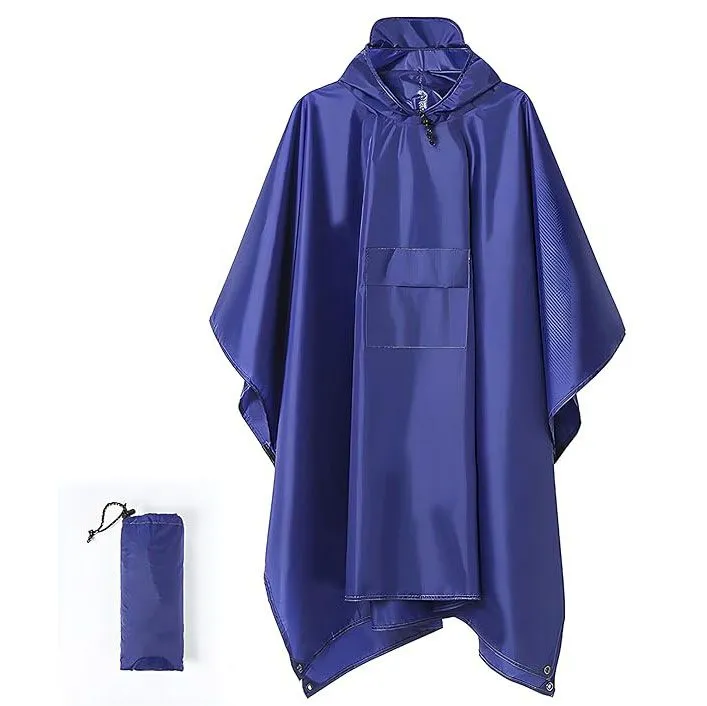 Hooded Rain Poncho Raincoat for Adults with Pocket Waterproof Rain Jacket - Blue