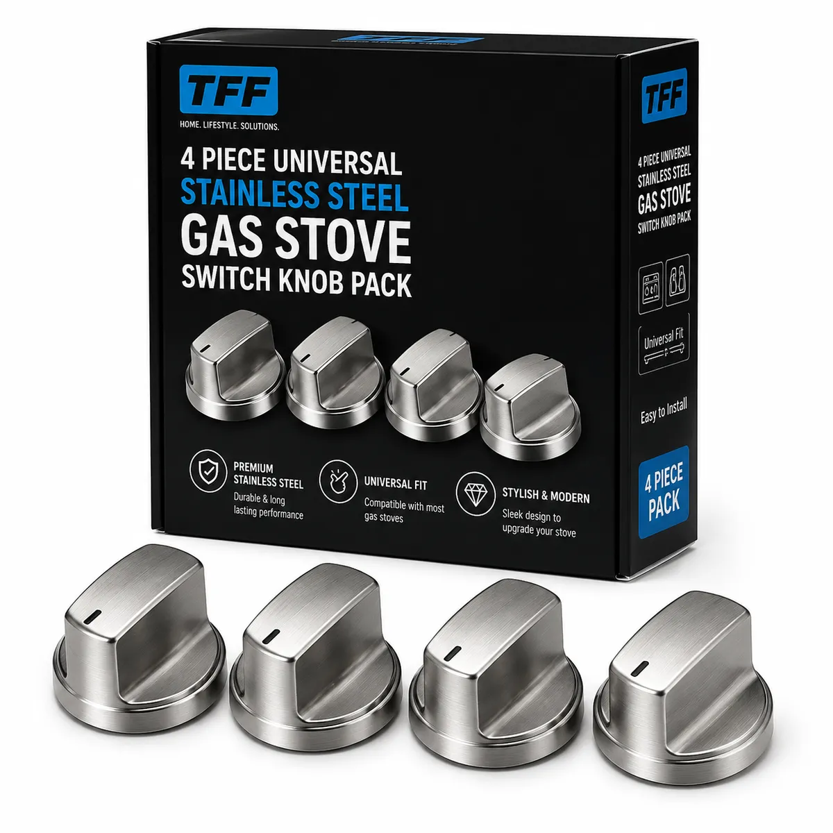 TFF 4-Piece Universal Stainless Steel Gas Stove Switch Knob Pack