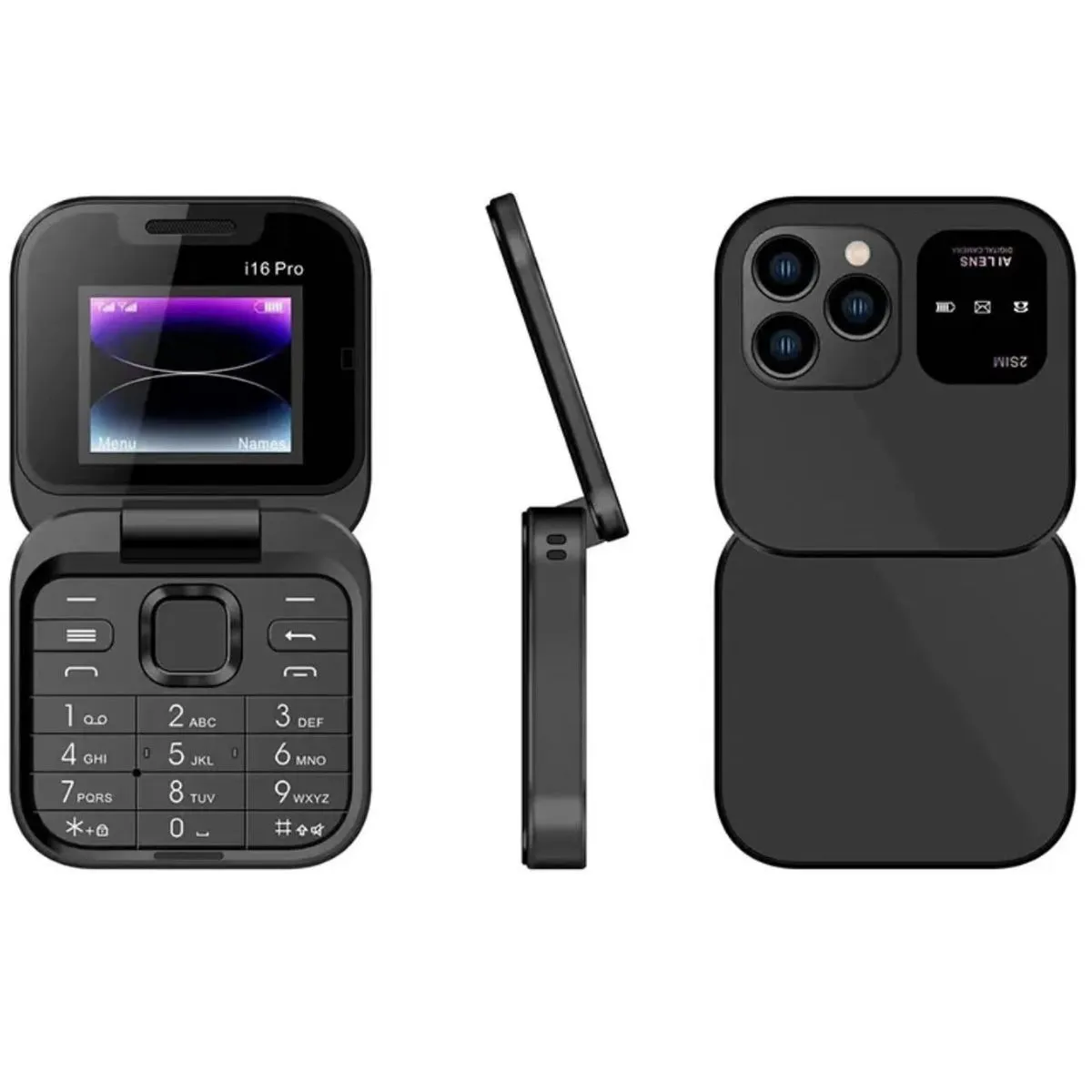 Mini Foldable P9 Pro Mobile Compact Dual SIM 2G Phone - Black