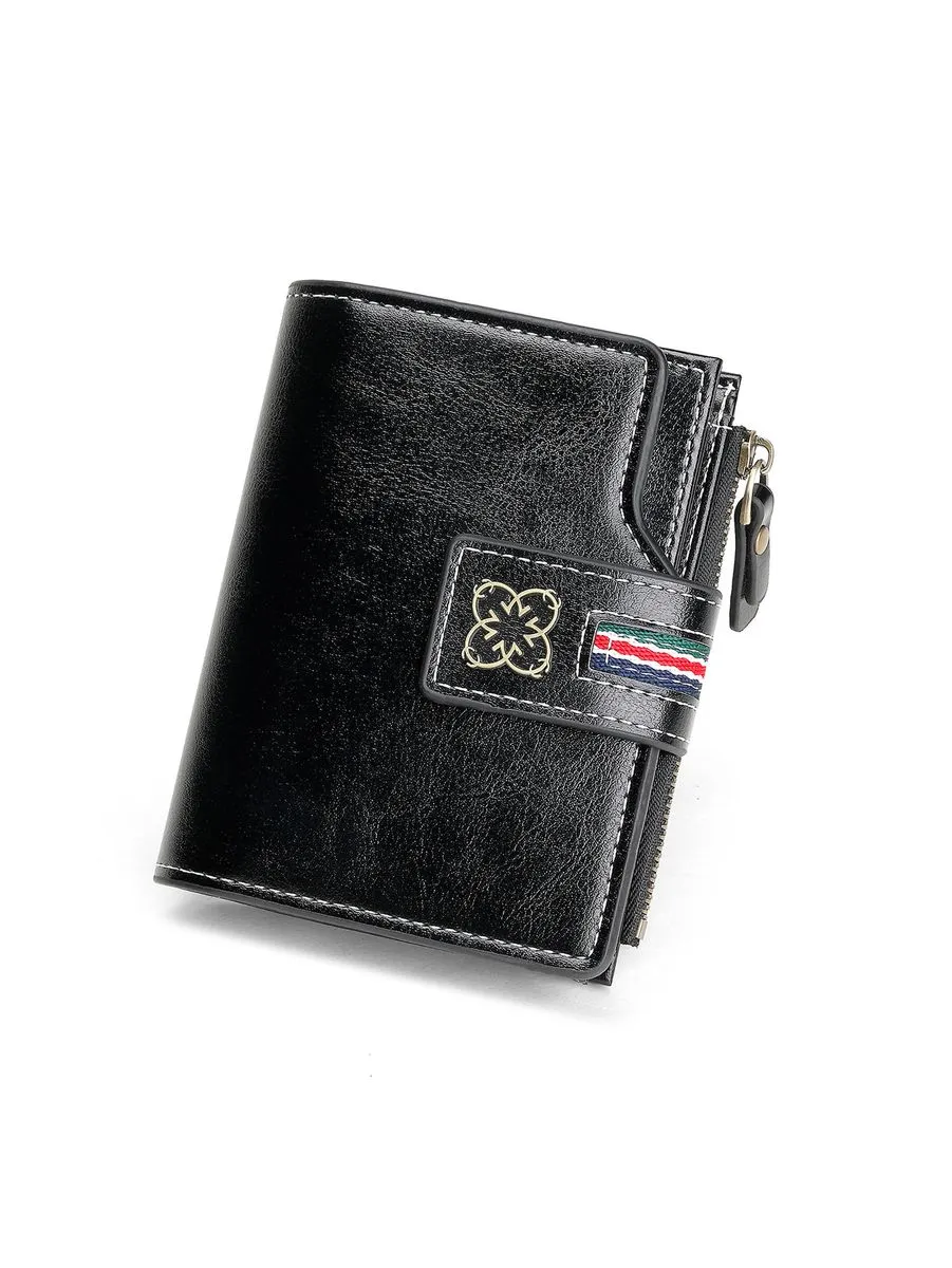 Women's Short Wax Leather Wallet - Black