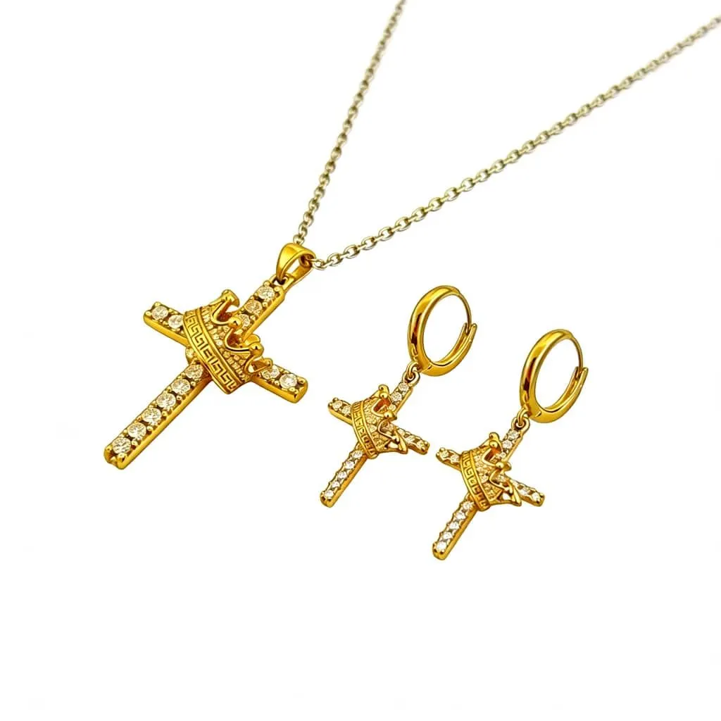 Crown Cross Pendant Necklace Earrings Jewelry Set Waterproof - Gold