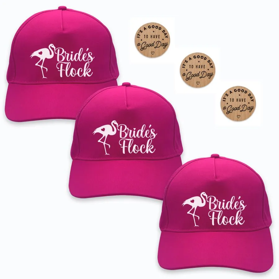 Bride's Flock Hot Flamingo Pink Hen Party Caps And Magnets - Set Of 3