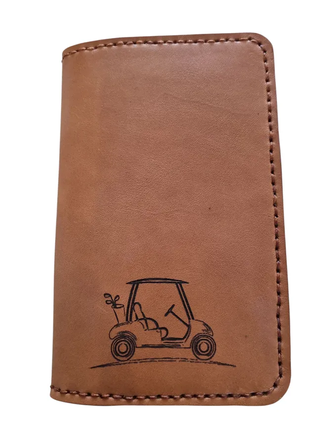 Golf Score Card Holder - Genuine Leather - Laser Engraved With Golf Cart - Apache Brown