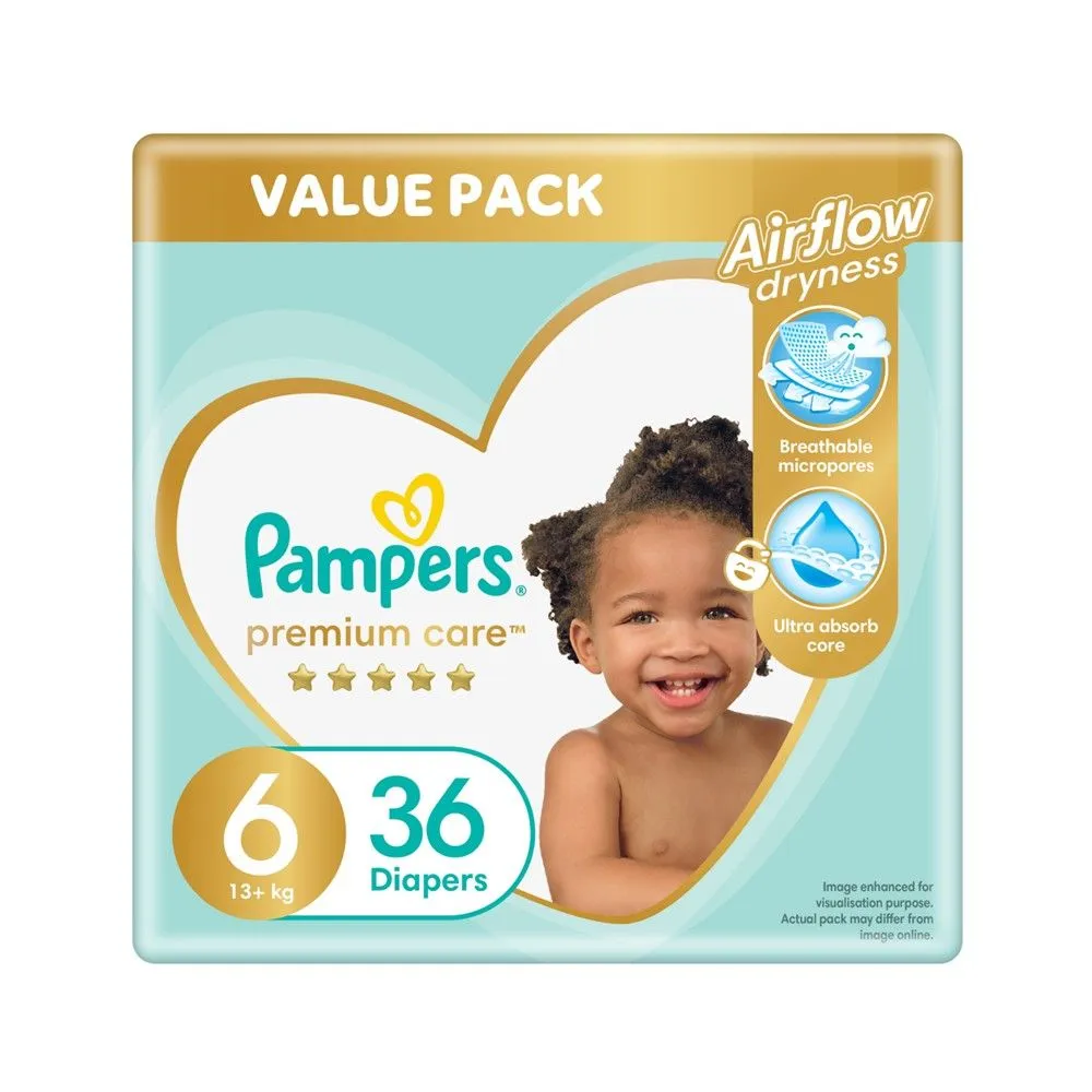 Pampers Premium Care Size 6 (+16 kg) 36 Nappies, Airflow Skin Comfort