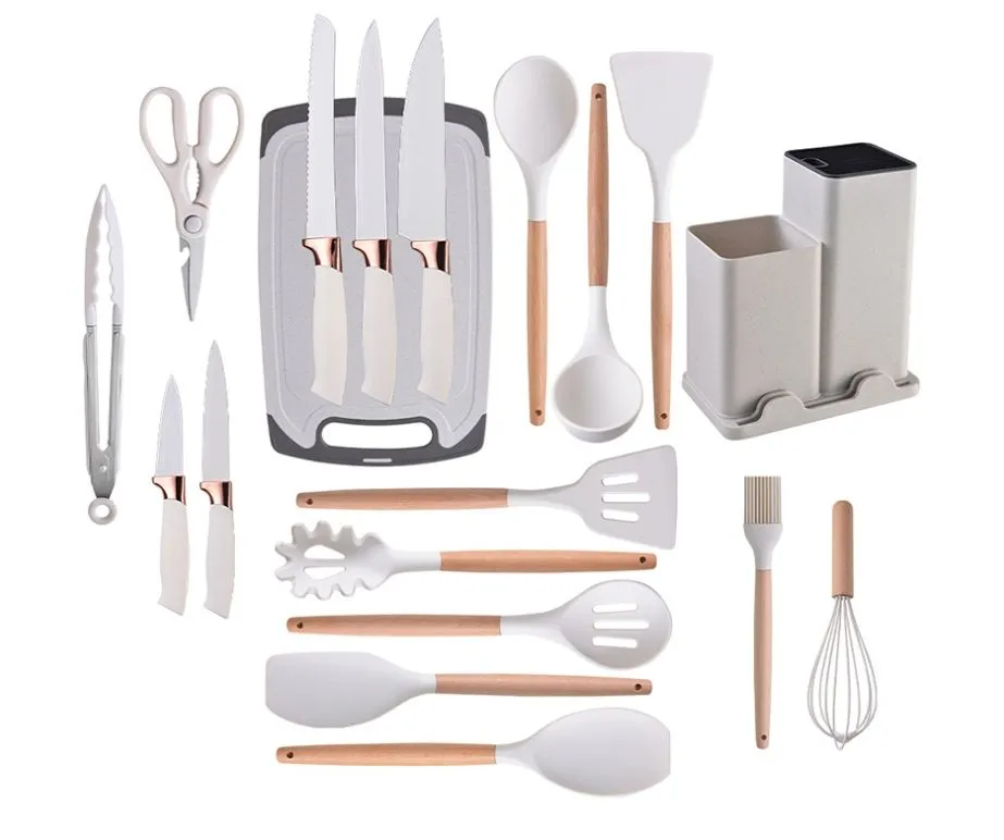 19 Piece Utensil Set with Holder - Silicone & Stainless Steel Kitchenware