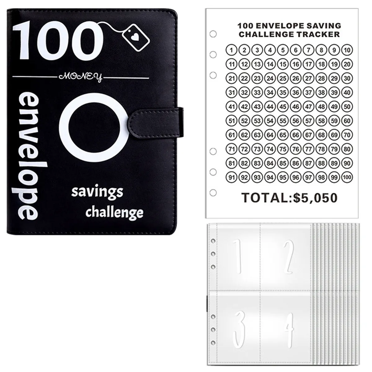 100 Envelopes Money Saving Challenge Money Saving Binder (Black)