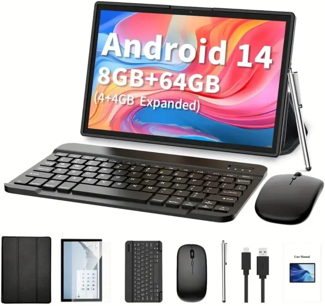 Android 14 Tablet, 8GB+64GB, 10-inch Display with Keyboard, Mouse and Stand