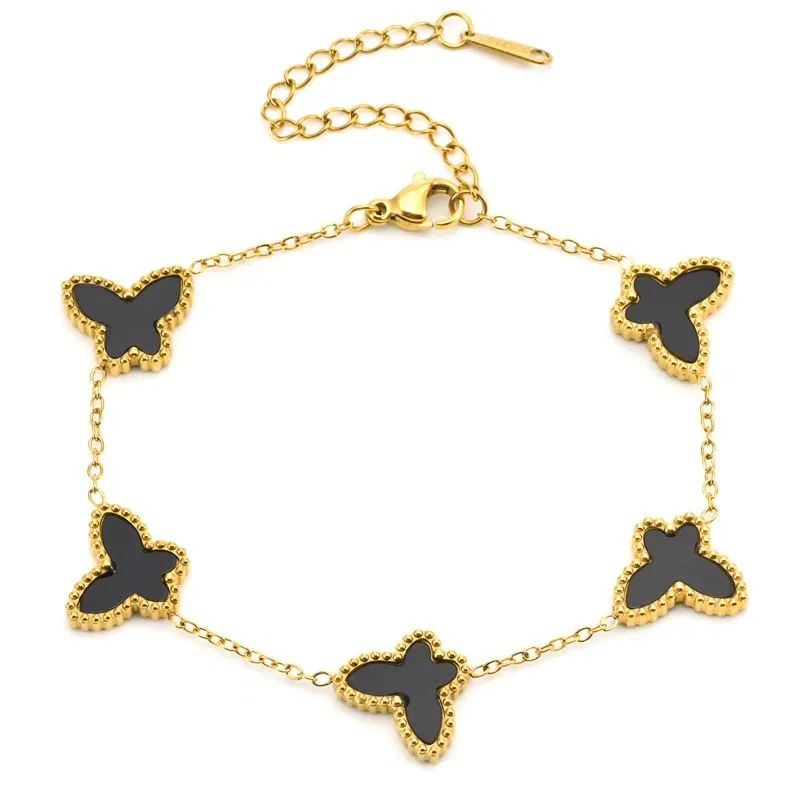 Lucky Gold-Plated Butterfly and Four-Leaf Clover Bracelet Set - Black