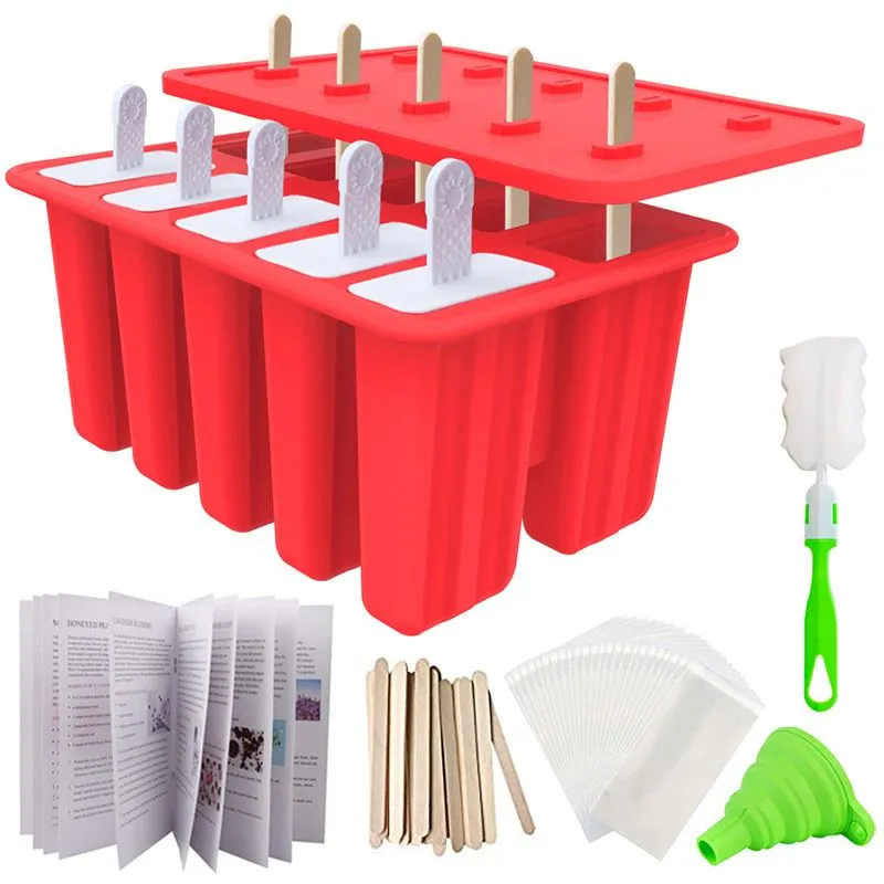 10 Pieces Silicone Popsicles Molds Ice Lolly Ice Cream Homemade Reusable Stick - Red