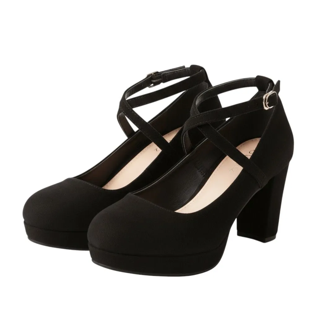 Women's Size EU-37 Suede Cross-Strap Platform Block Heels - Black
