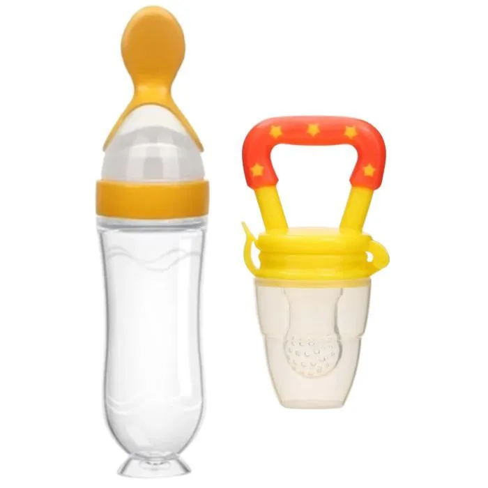 Silicone Baby Feeding Set - Squeeze Bottle & Fruit Feeder Pacifier - Yellow