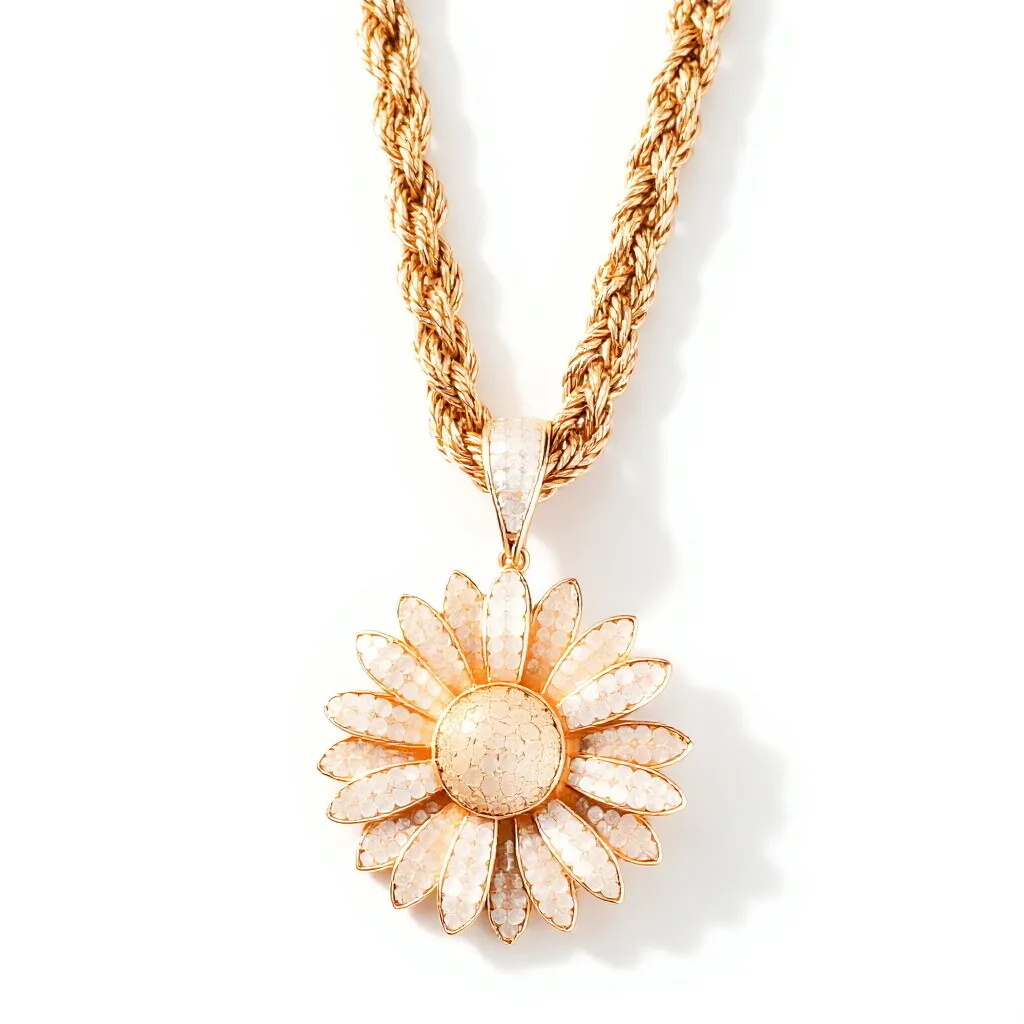 Iced Out Rotating Sunflower Necklace - CZ Bling Rope Chain Unisex - Gold