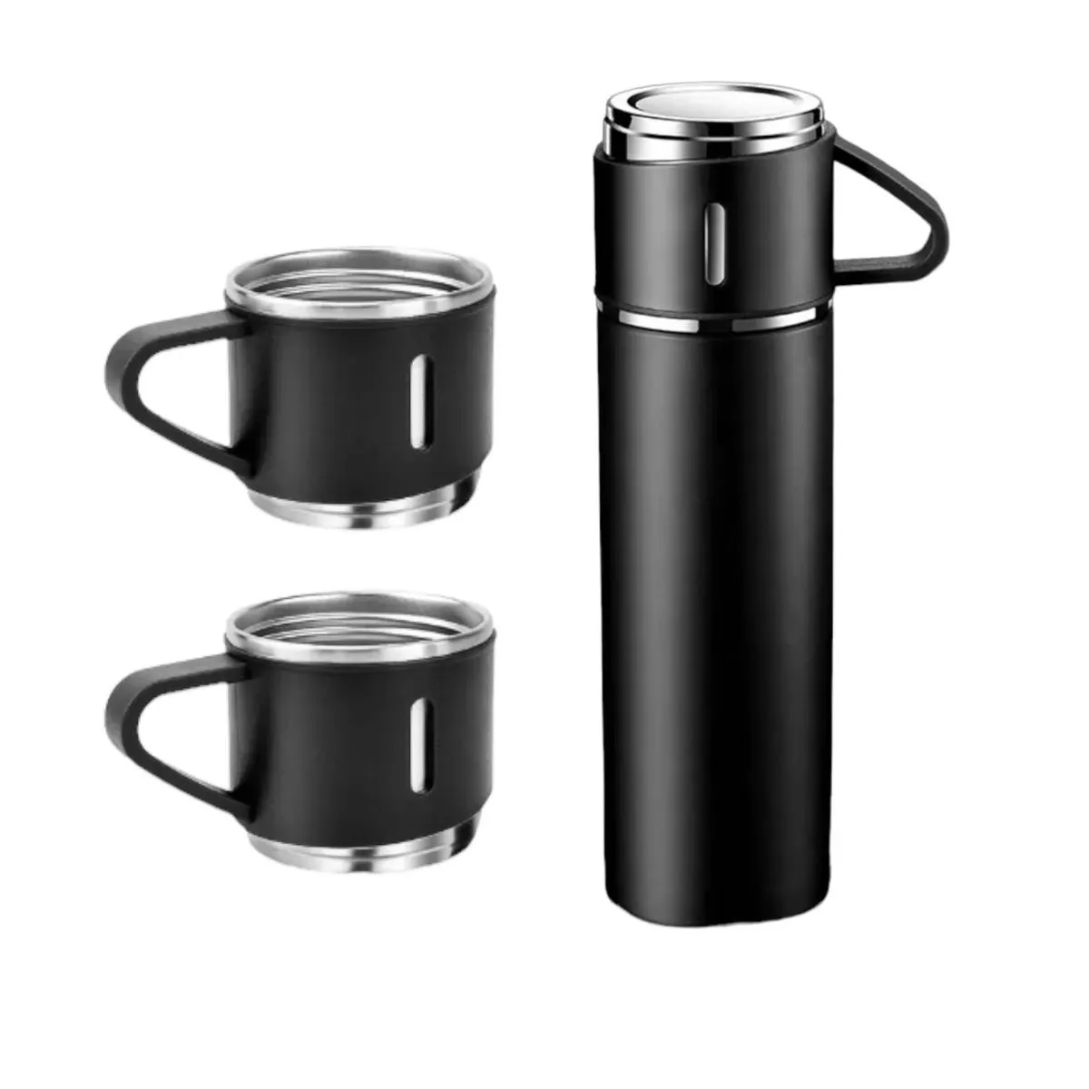 500ml Stainless Steel Thermo Bottle with Cups Vacuum Insulated Flask Set - Black